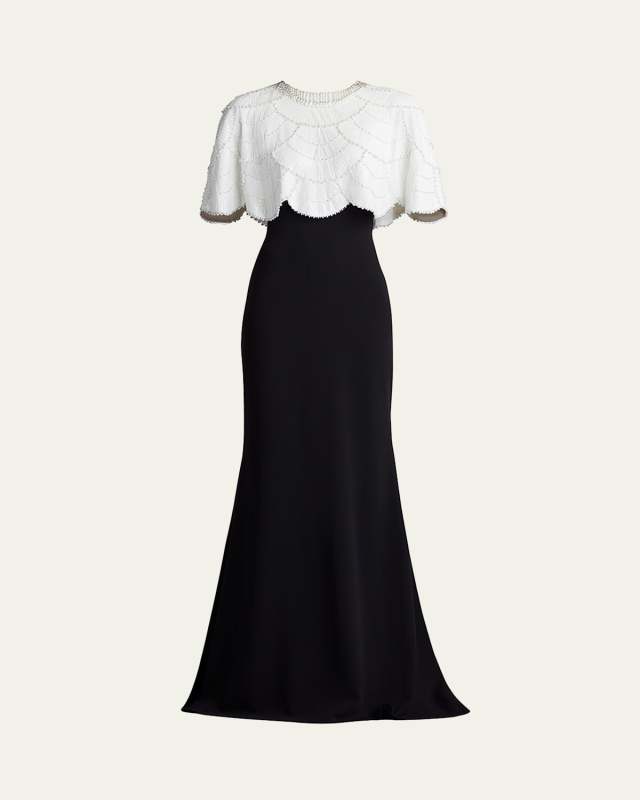 Bead & Sequin Cape Trumpet Gown